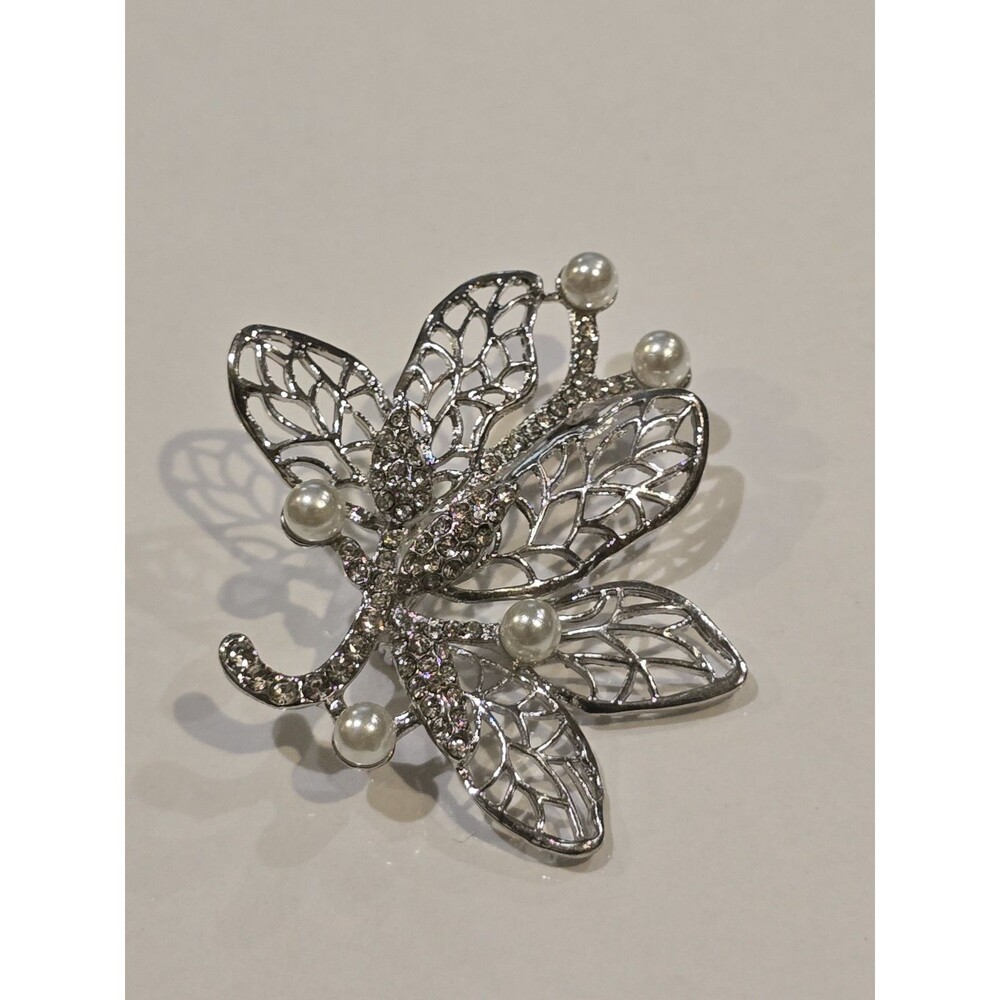 Silver Tone Filigree Leaf Brooch Faux Pearl Rhinestone Floral Pin #1069
